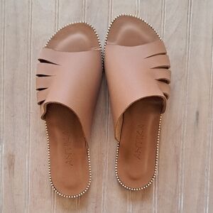 Antika Handmade Leather Cut Out Slide Rhinestone Trim Slip-On Flats Sandals